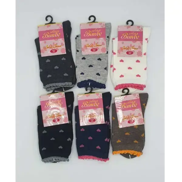 6 MiA Calze Corte Bambina Misto Cotone Motivo Cuori Bordo Arricciato per Uso Quotidiano