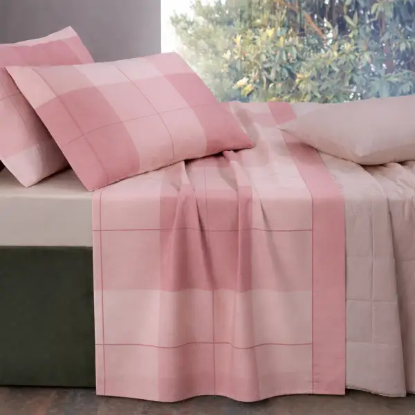 Completo lenzuola matrimoniale fantasia quadri rosa Gabel