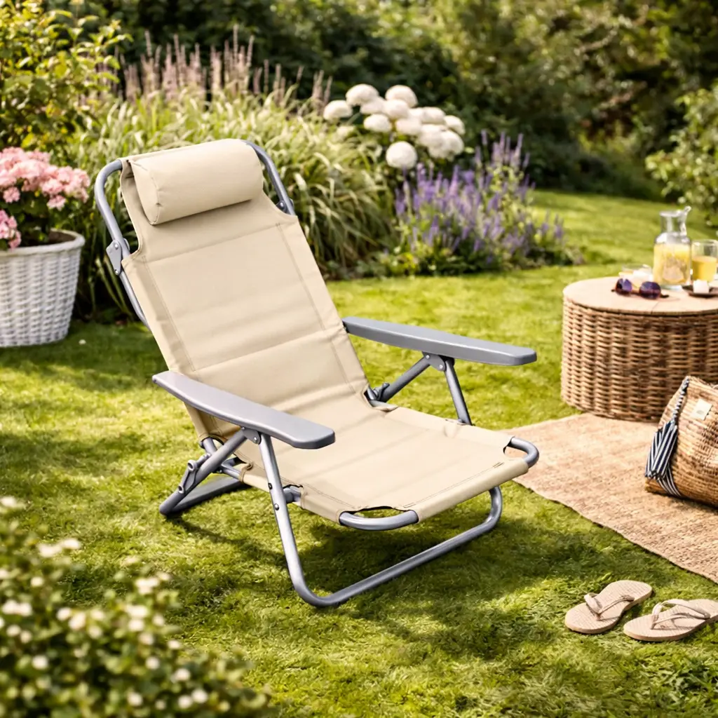 512020 Sedia sdraio 5 posizioni con seduta in tessuto Oxford colore crema - immagine 1