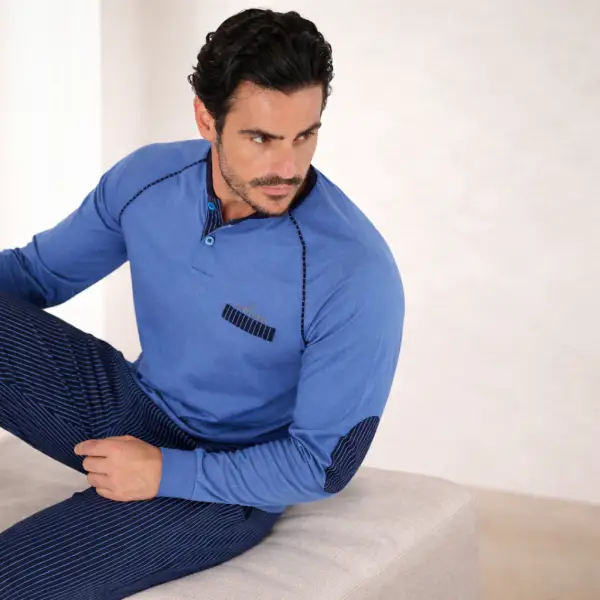 Pigiama Uomo Navigare in 100% Cotone Manica Lunga con Scollo Serafino