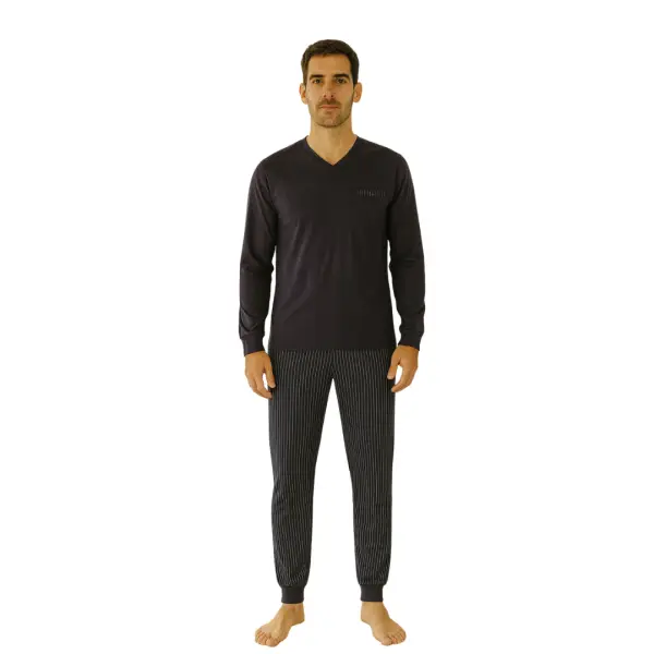 Pigiama Uomo Lungo con Maglia a Scollo V e Pantalone Fantasia Gessata