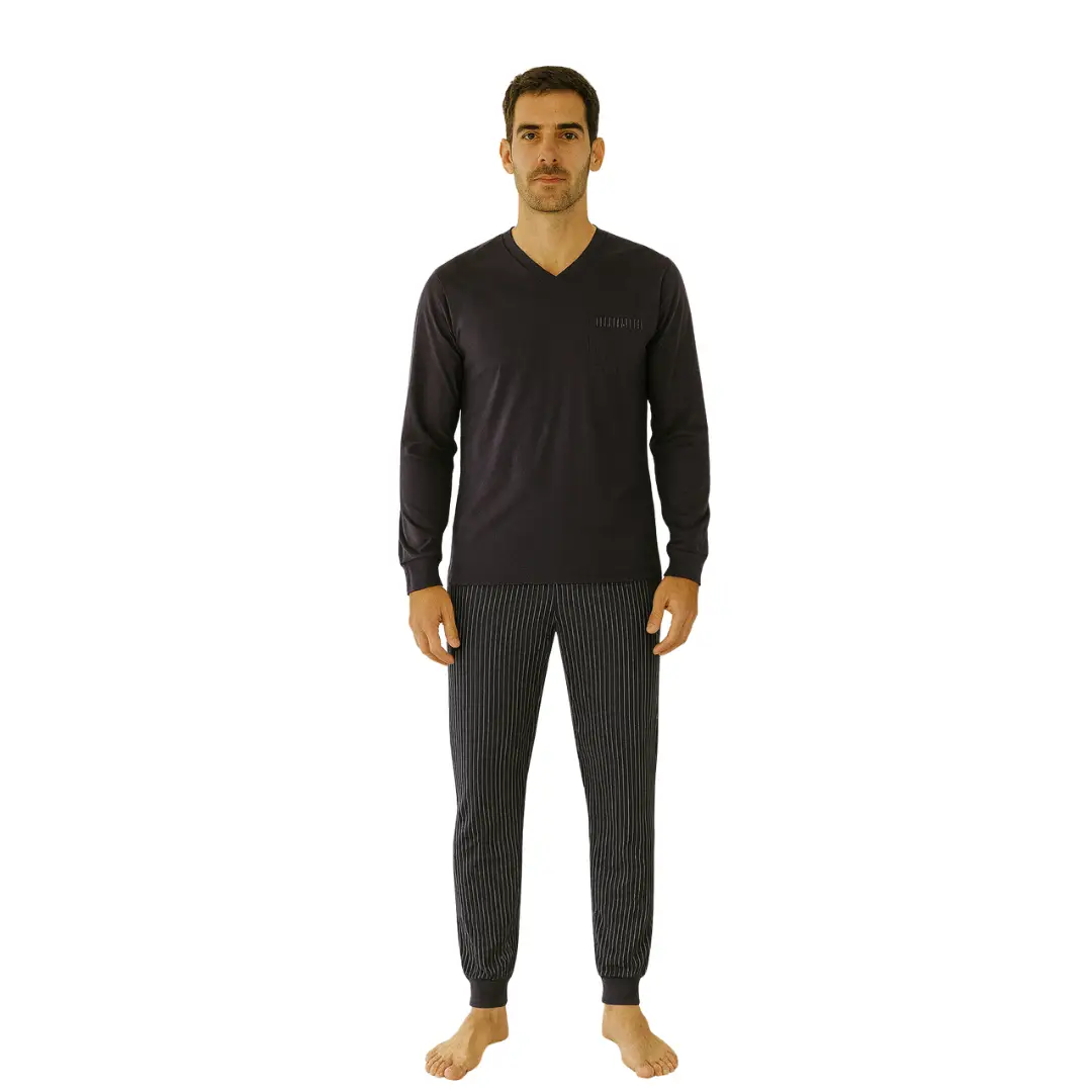 MS25011000SMF_ Pigiama Uomo Lungo con Maglia a Scollo V e Pantalone Fantasia Gessata - immagine 1