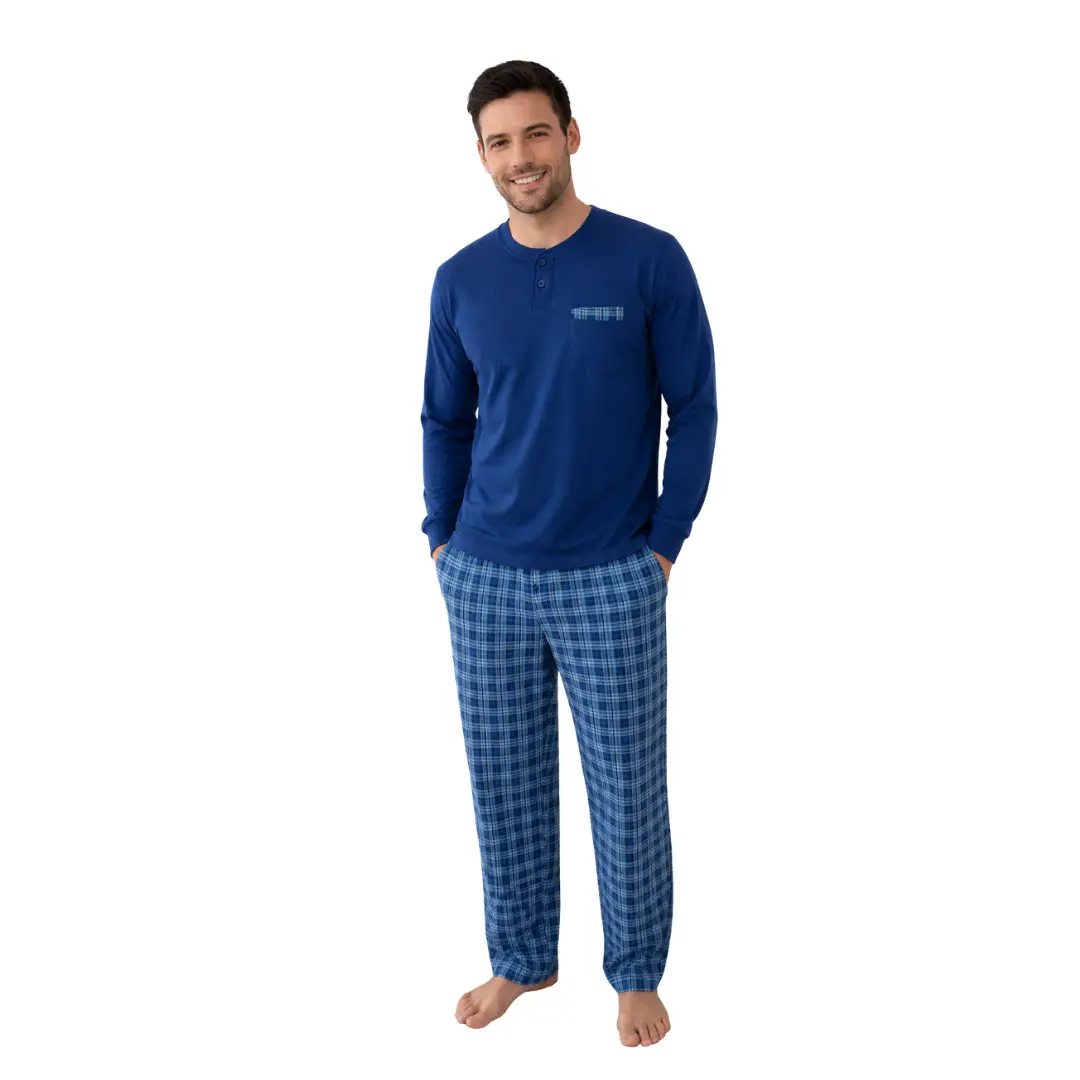 MS26027000TEX-ZZ Pigiama Uomo Lungo con Maglia Serafino e Pantalone a Quadri - immagine 1