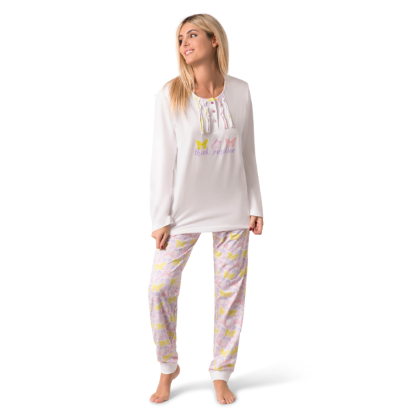 Pigiama Donna Lungo con Maglia Serafino e Pantalone Fantasia Farfalle