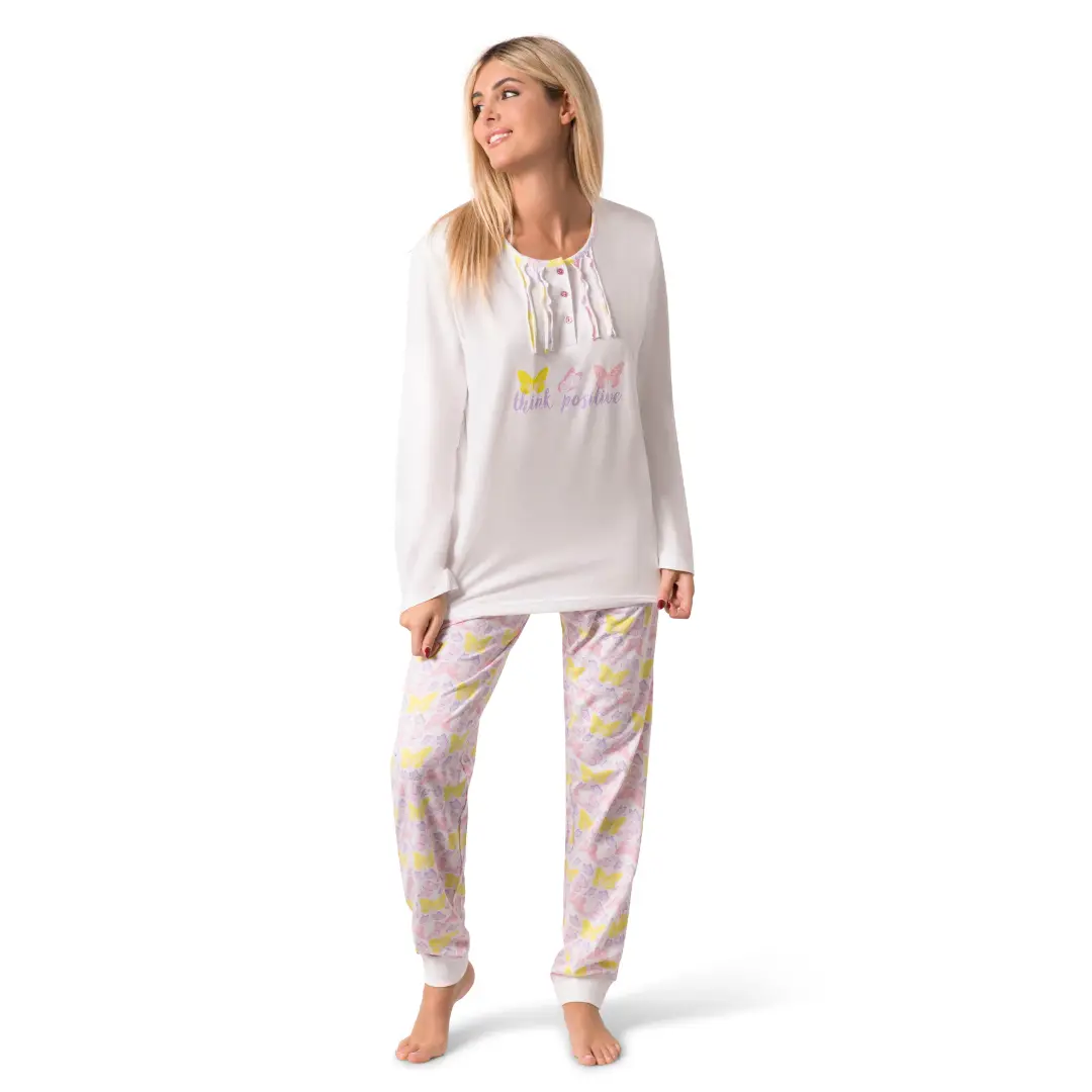 WS26016000TEX_ Pigiama Donna Lungo con Maglia Serafino e Pantalone Fantasia Farfalle - immagine 1