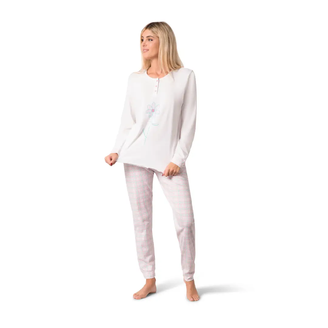 WS26018000TEX_ Pigiama Donna Lungo con Maglia Serafino e Pantalone Fantasia a Quadri - immagine 1