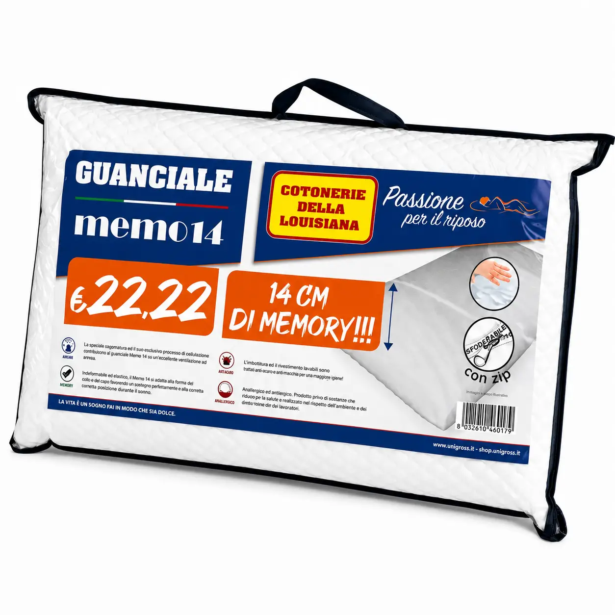 MEMO15 Guanciale Memory con Fodera con Zip Alto 14 cm - immagine 1